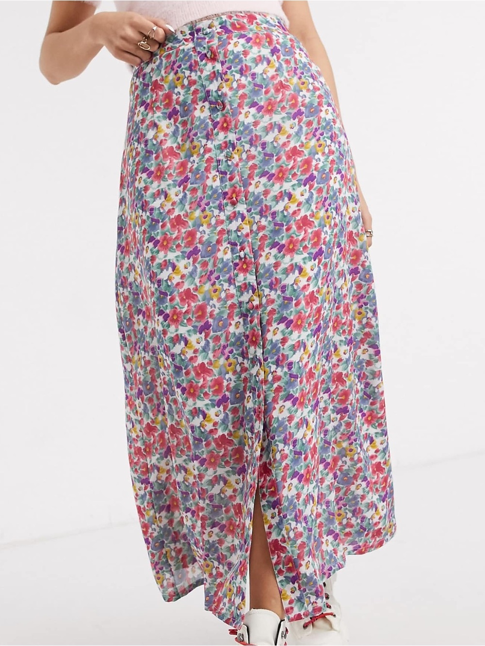 ASOS Floral Print Button Front Maxi Skirt in Pink